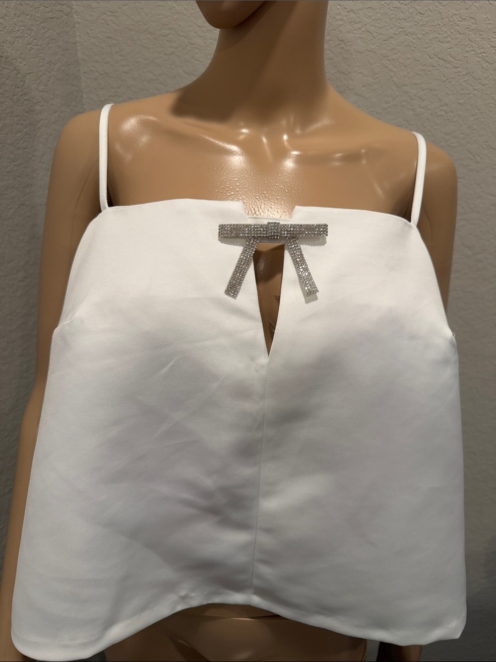 NWOT Divided White Satin Spaghetti Strap Top with Rhinestone Bow Accent
